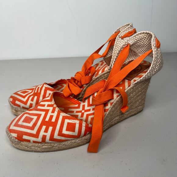 Tory Burch Orange Geometric Lace Up Espadrille Wedge Size 9 - Picture 4 of 11